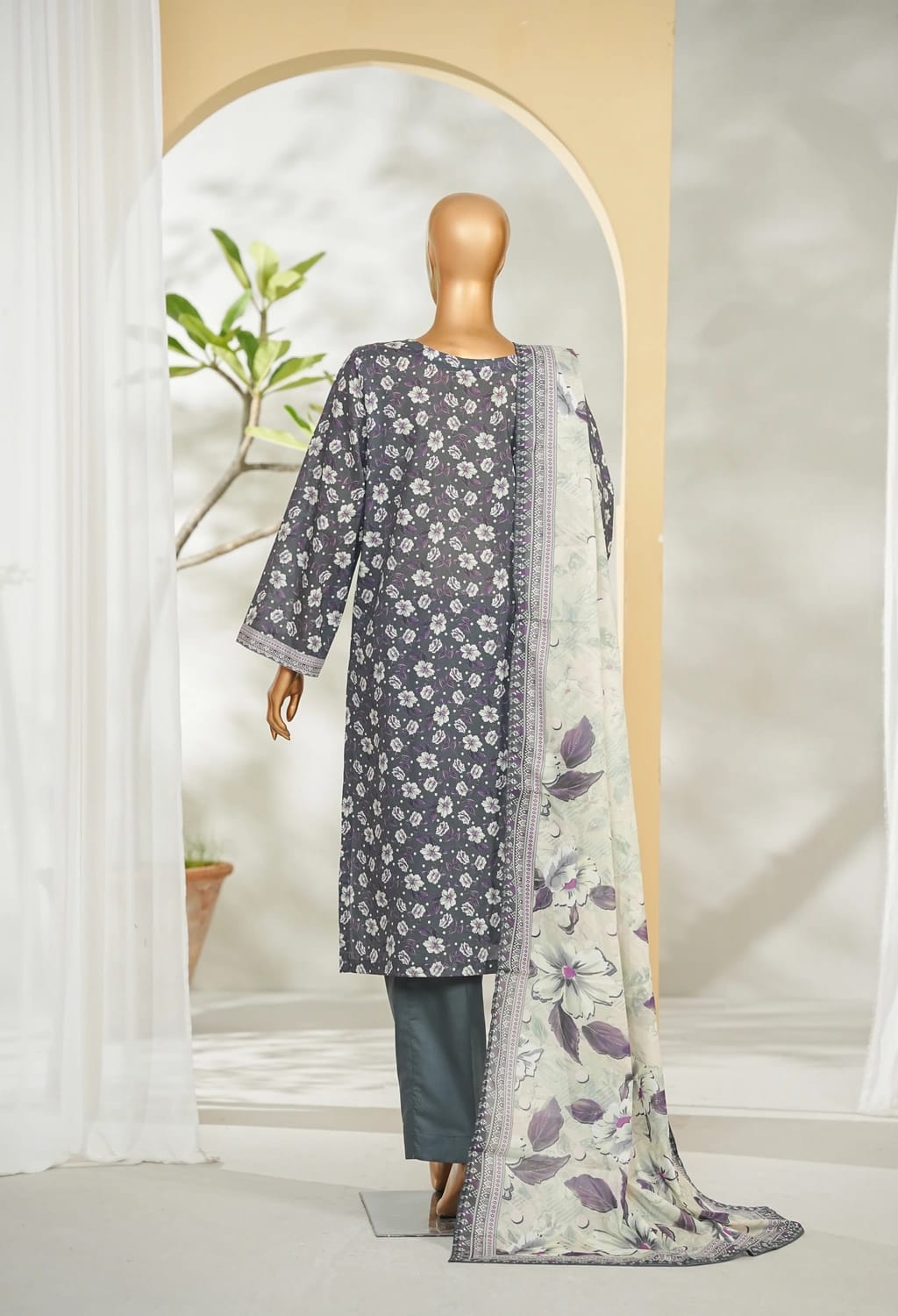 Binsaeed Stitched Gray Printed Lawn 3pc (LSM031)