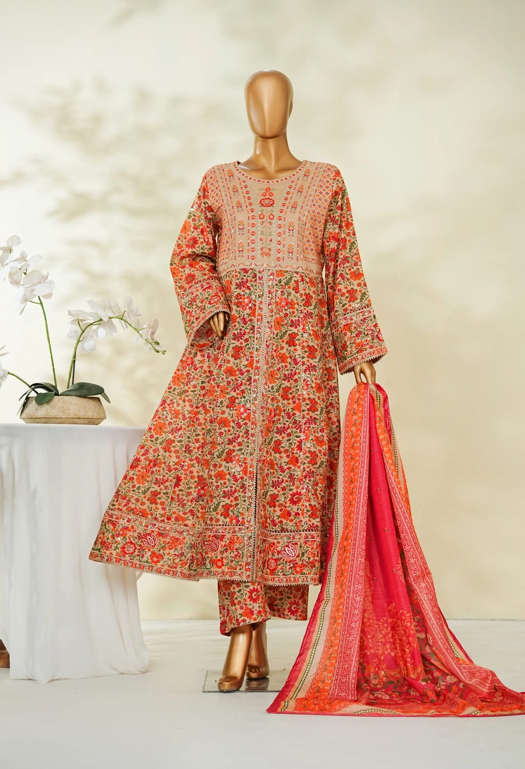 Binsaeed Lawn Embroidered 3pc (lsmkorange)