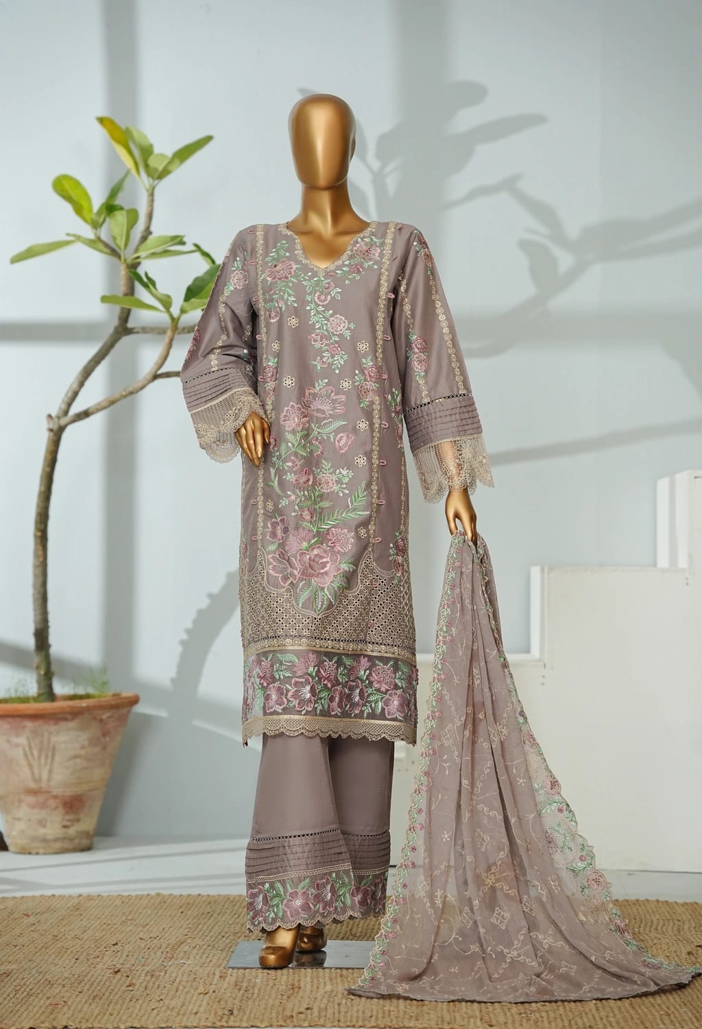 Bin saeed Stithed Plain Cotton 3pc (D 002-O)