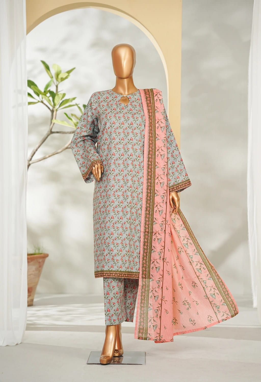 Binsaeed Stitched Gray Printed Lawn 3pc (LSM121)