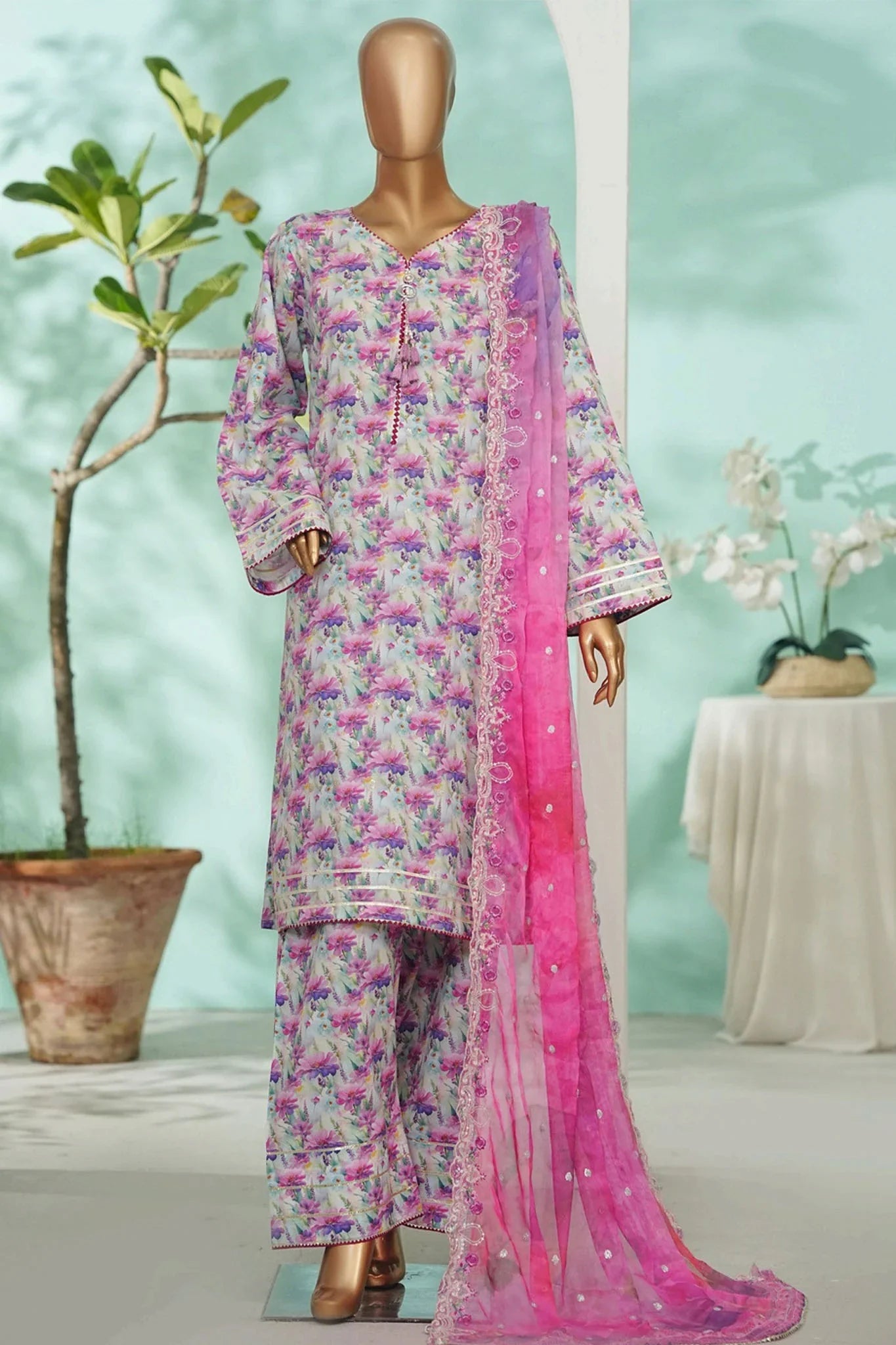 Binsaeed Lawn embroidered 3pc with Farshi Shalwar