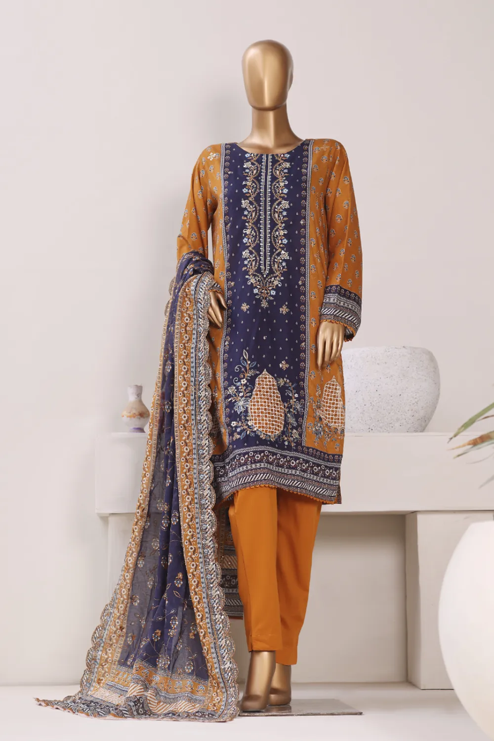 Binsaeed Stitched Embroidered Lawn Black 3pc (NSM031ED)