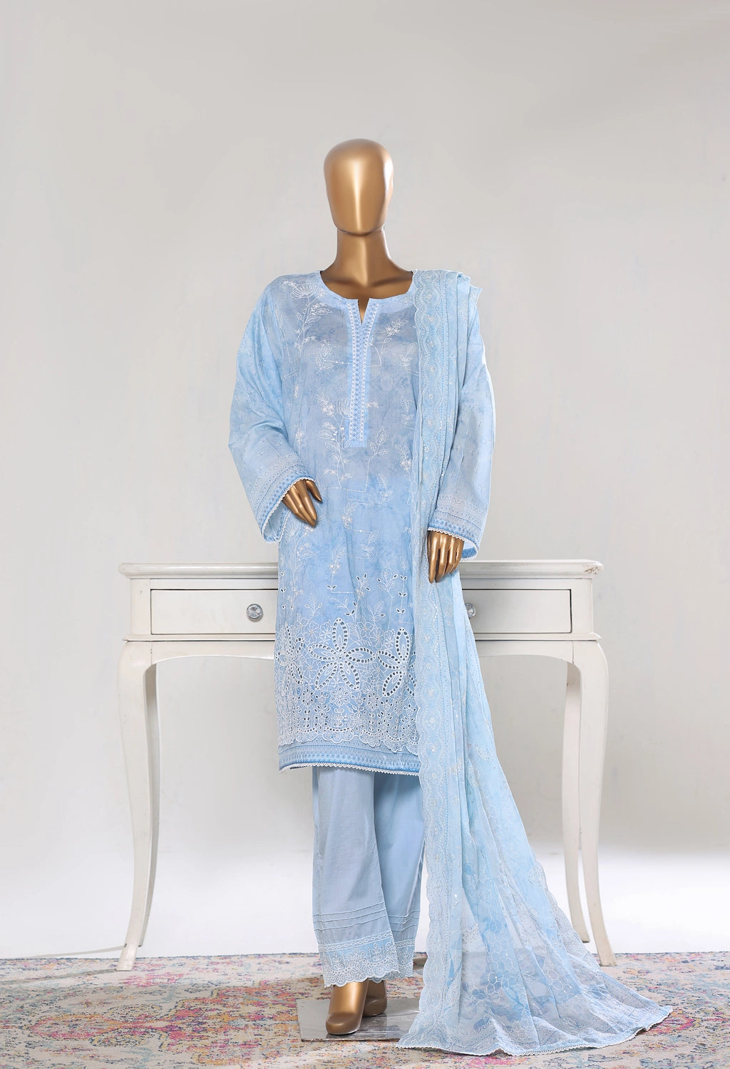 (Binsaeed Stitched Ferozi Embroidered Lawn 3pc  NSM 0226-BED)