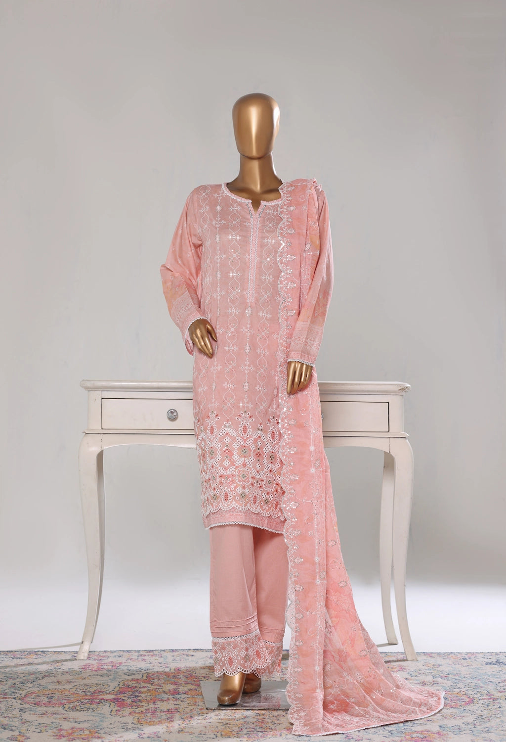 Binsaeed Stitched Peach Embroidered Lawn 3pc  (NSM 0227-B)