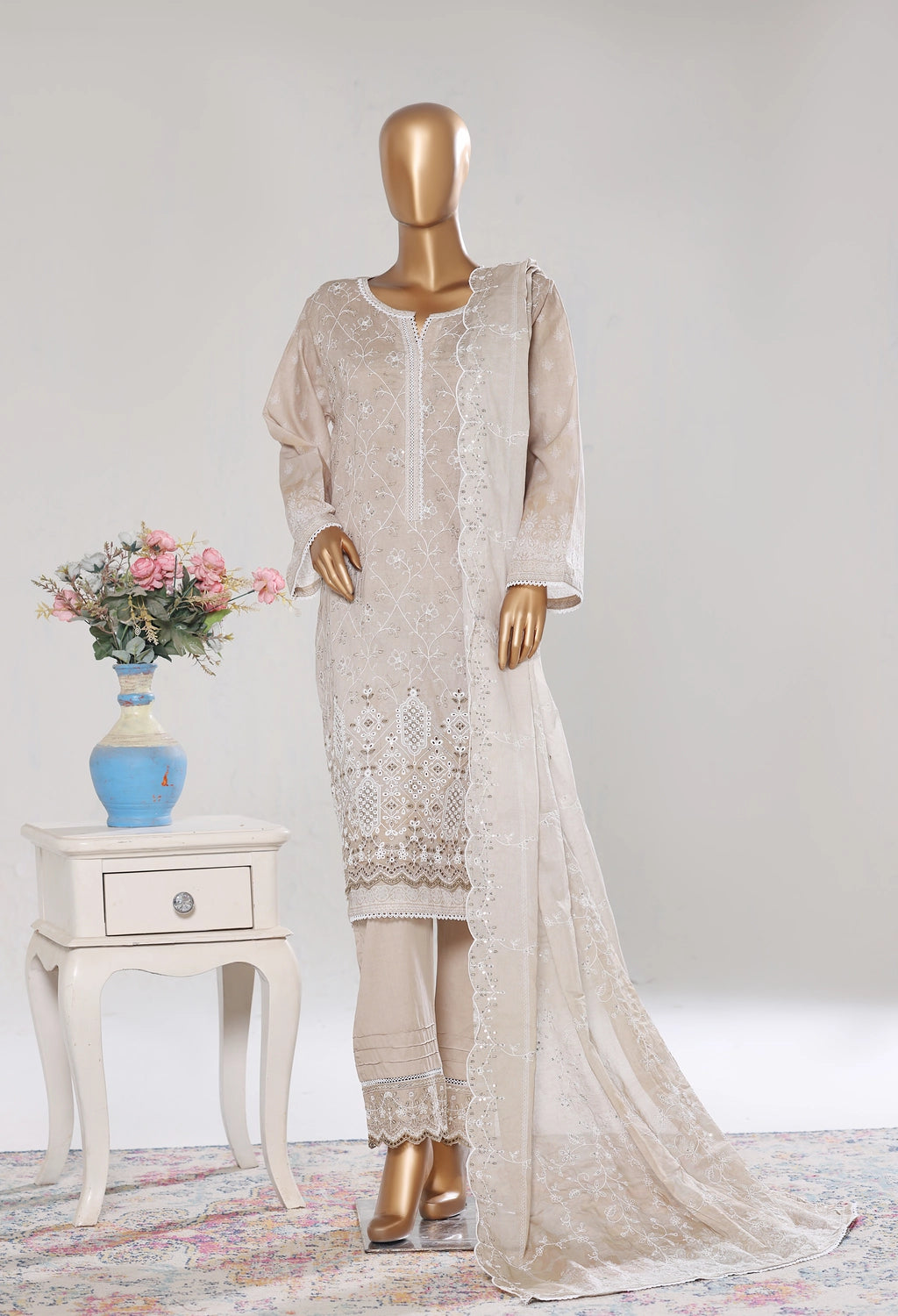 Binsaeed Stitched Embroidered lawn Skin ivory 3pc (NSM 0224-BED)