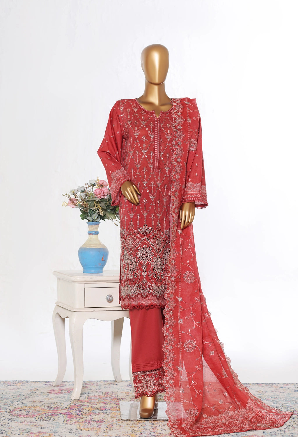 Binsaeed Stitched Pink Embroidered Lawn 3pc (NSM 0230-BED)