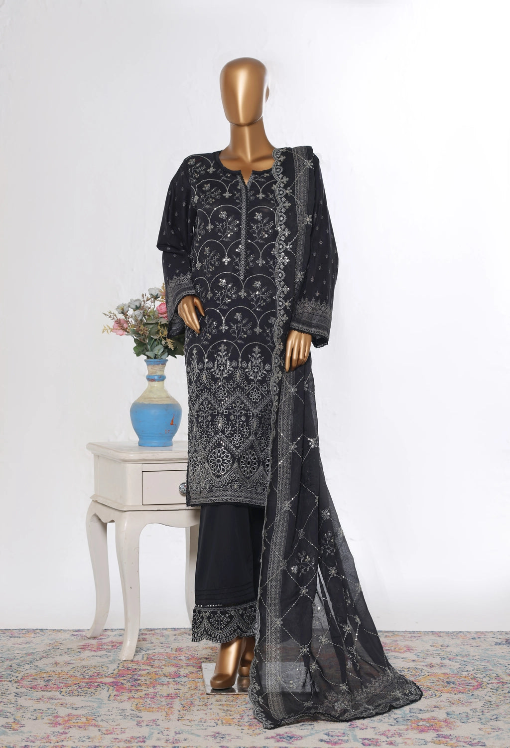 Binsaeed Stitched Black  Embroidered Lawn 3pc  (NSM 0231-AED)