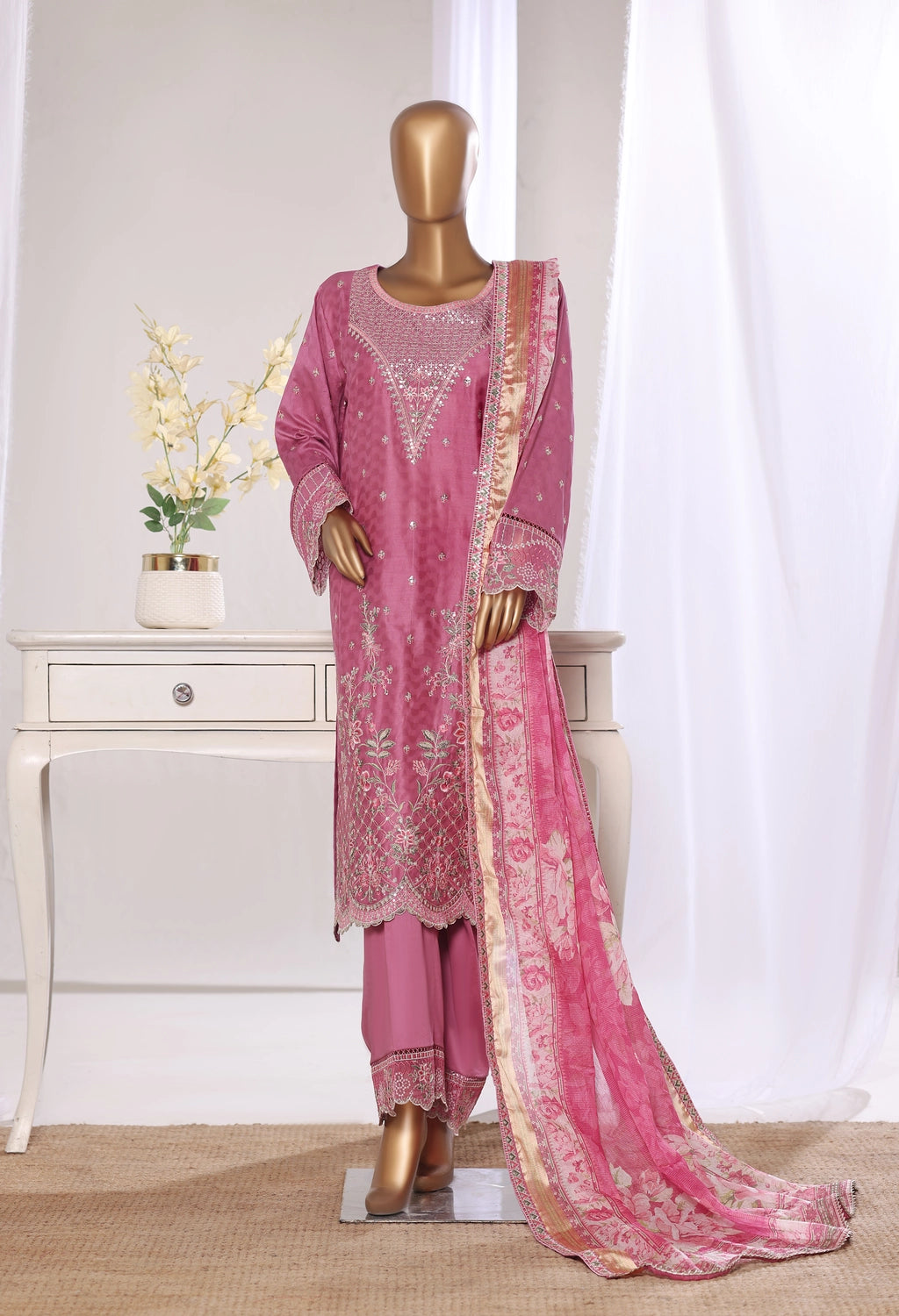 Binsaeed Stitched Pink Embroidered Jacquard 3pc (Jaq008)