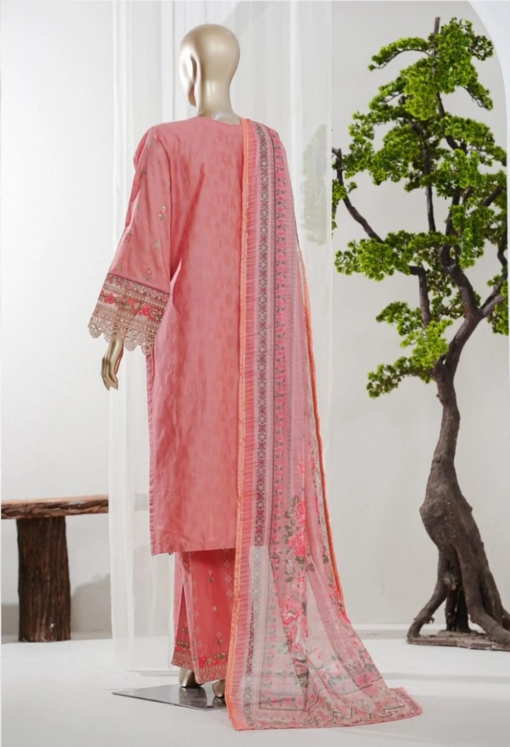 Binsaeed Jacquard Pink 3pc Embroidered D1