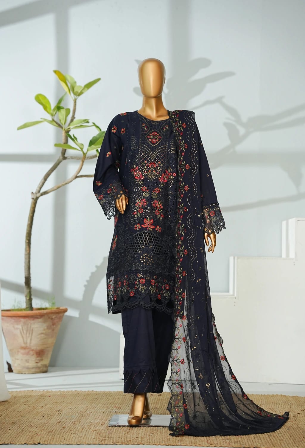 Bin saeed Stithed Plain Cotton 3pc (D 034-A)