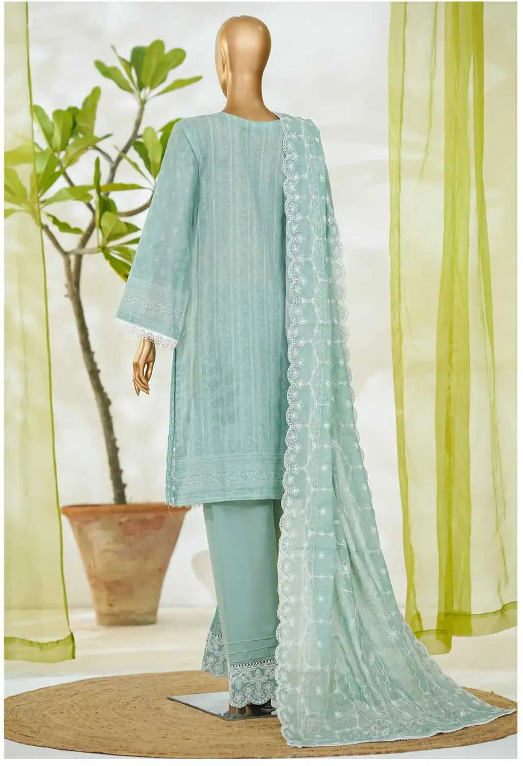 Binsaeed Stitched Green Embroidered Lawn 3pc  (NSM 0229-AED)