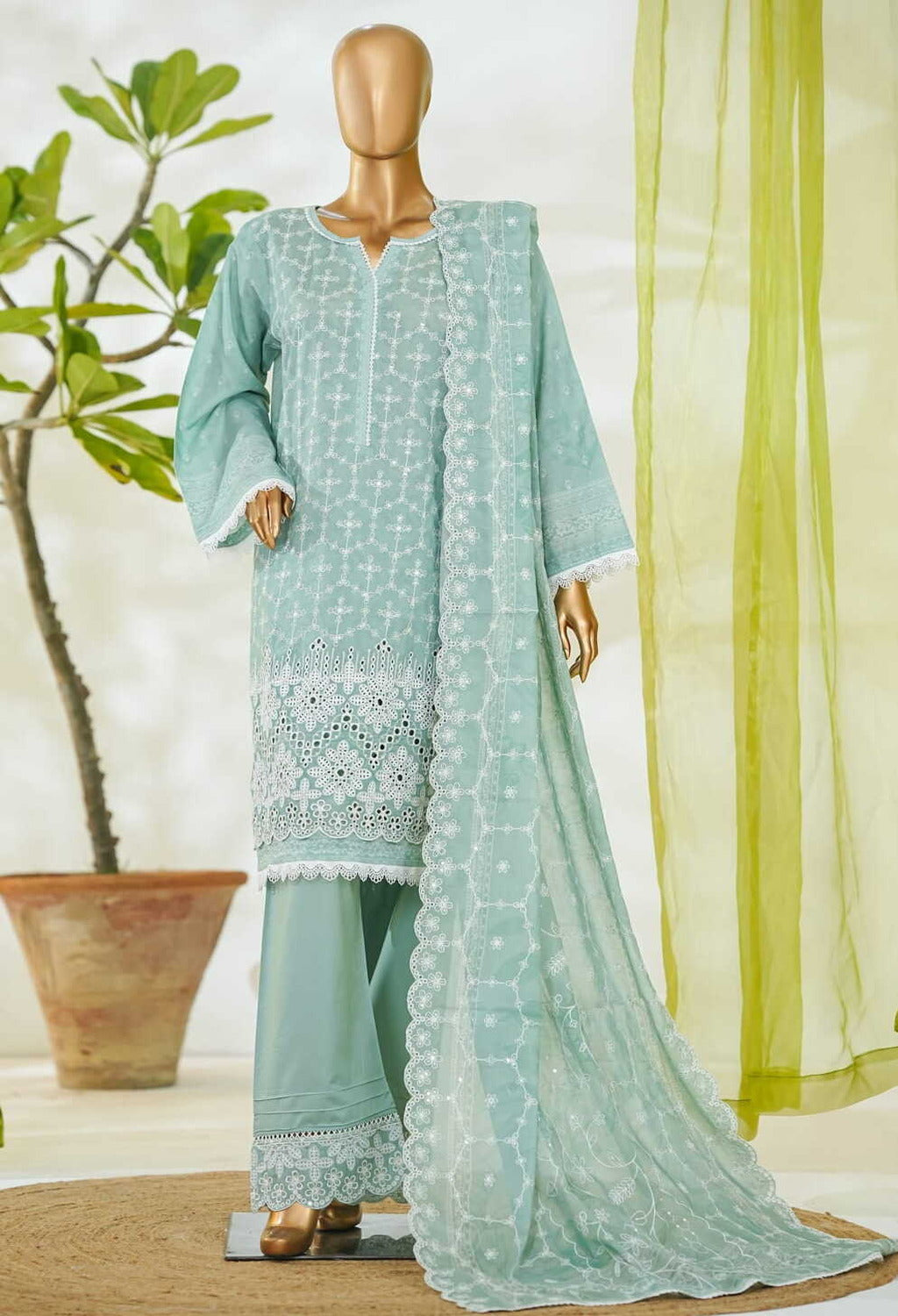 Binsaeed Stitched Green Embroidered Lawn 3pc  (NSM 0229-AED)