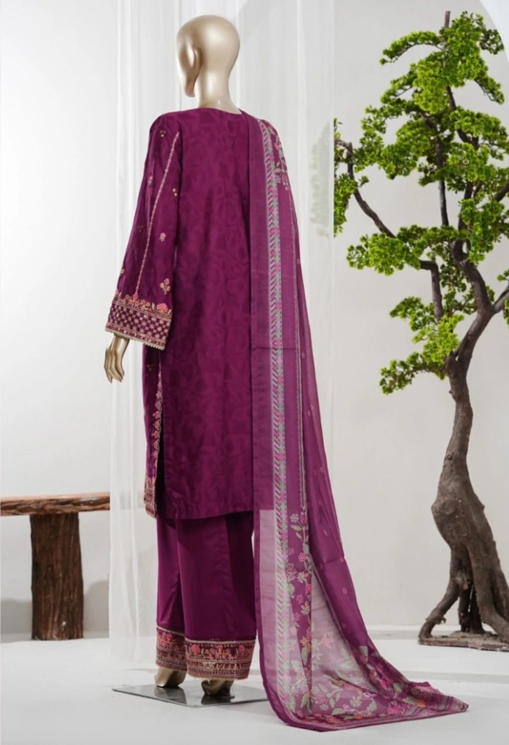 Binsaeed Jacquard Purple 3pc Embroidered D11