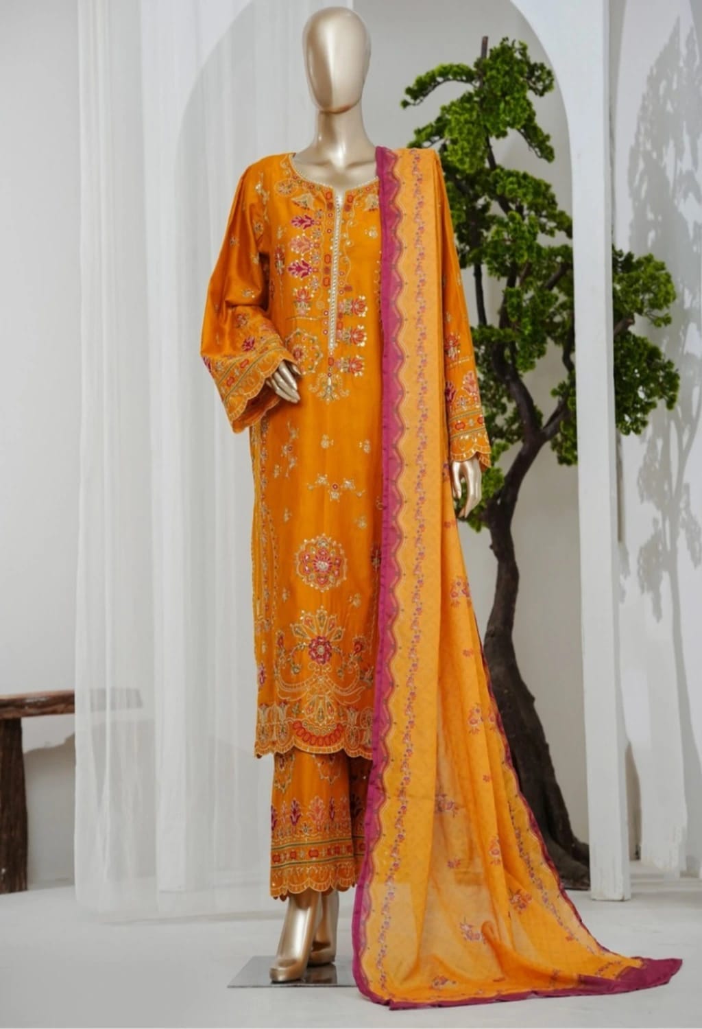 Binsaeed Jacquard Orange 3pc Embroidered D12