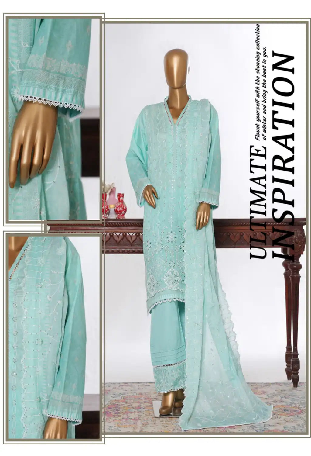 Binsaeed Stitched Green Embroidered Lawn 3pc (NSM 0237-BED)