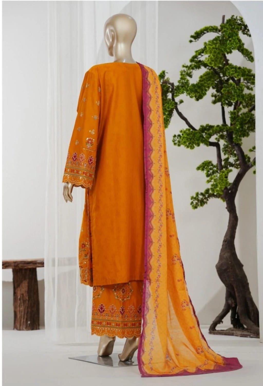 Binsaeed Jacquard Orange 3pc Embroidered D12