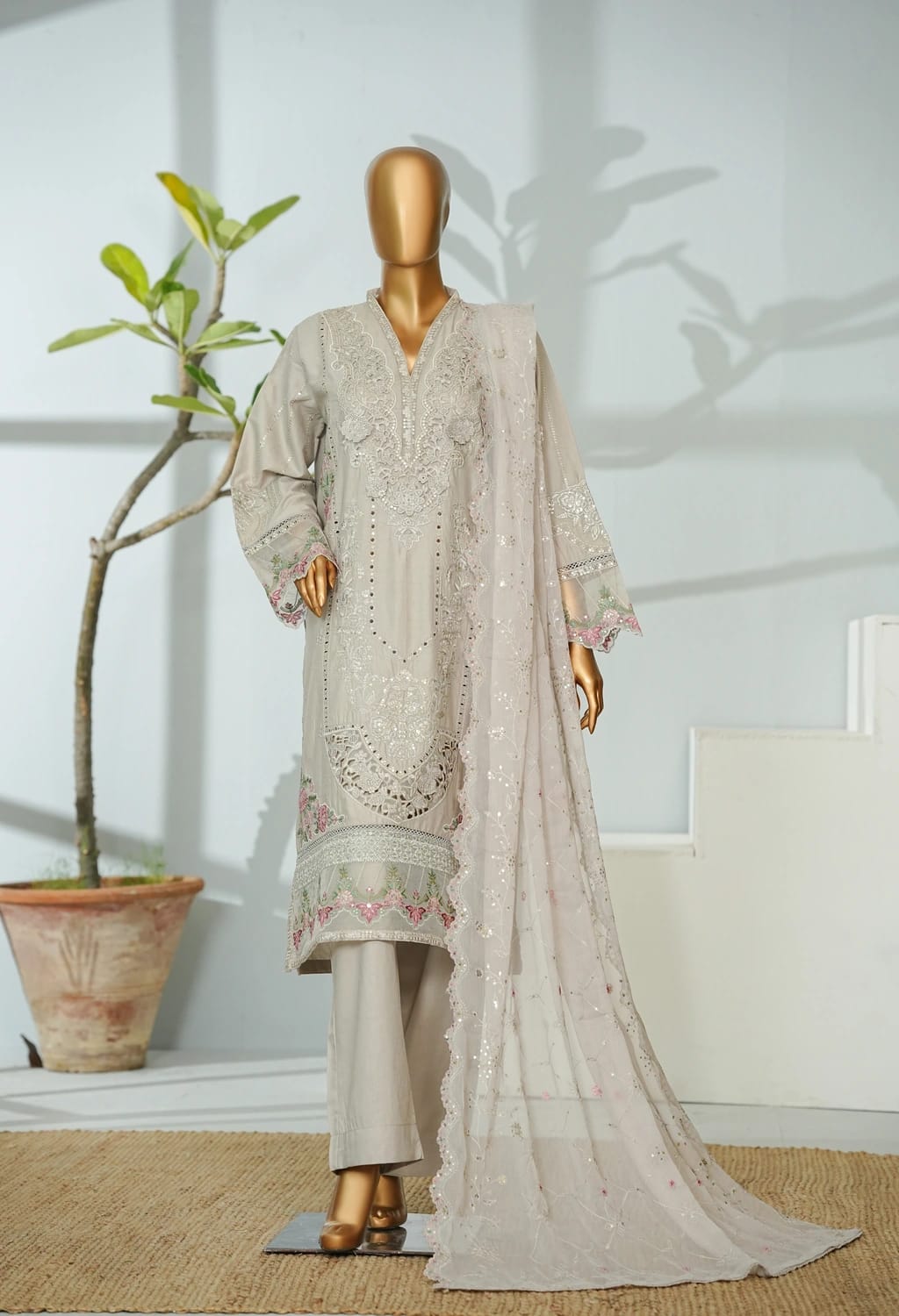 Bin saeed Stithed Plain Cotton 3pc (D 028-B)