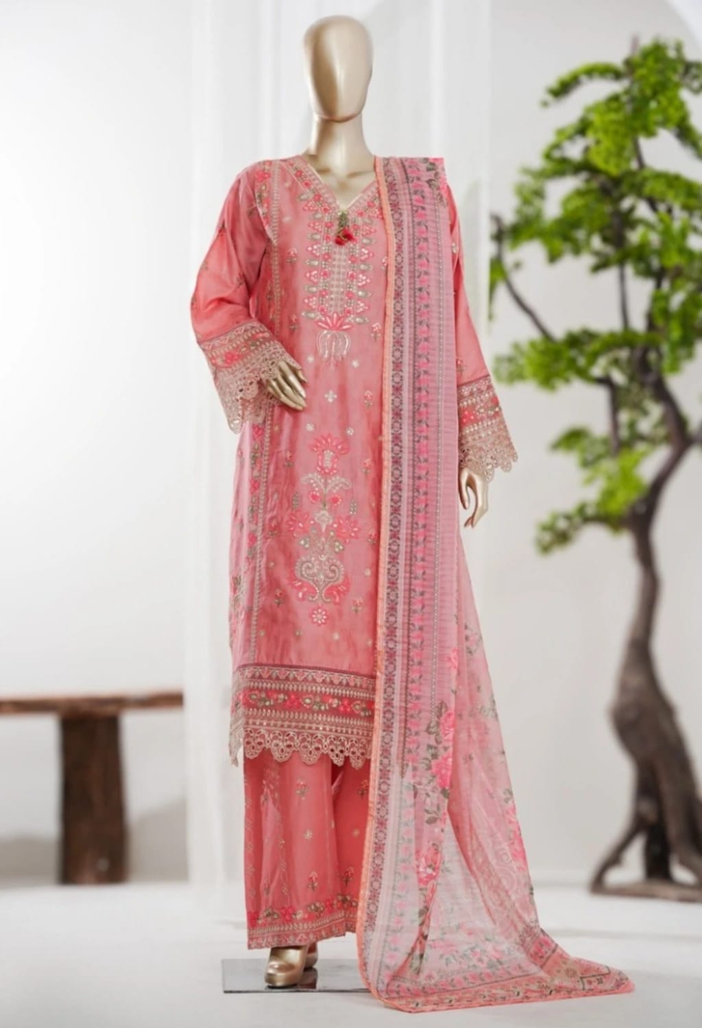 Binsaeed Jacquard Pink 3pc Embroidered D1