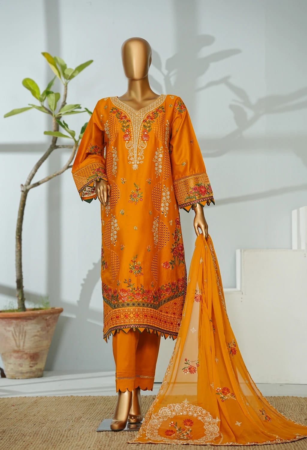 Bin saeed Stithed Plain Cotton 3pc (D038-O)