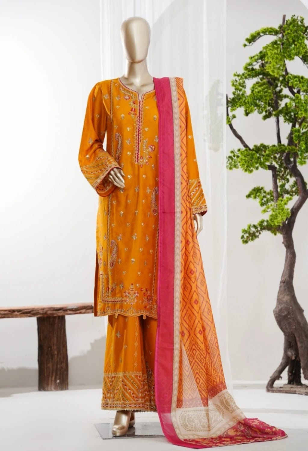 Binsaeed Jacquard Orange 3pc Embroidered D3