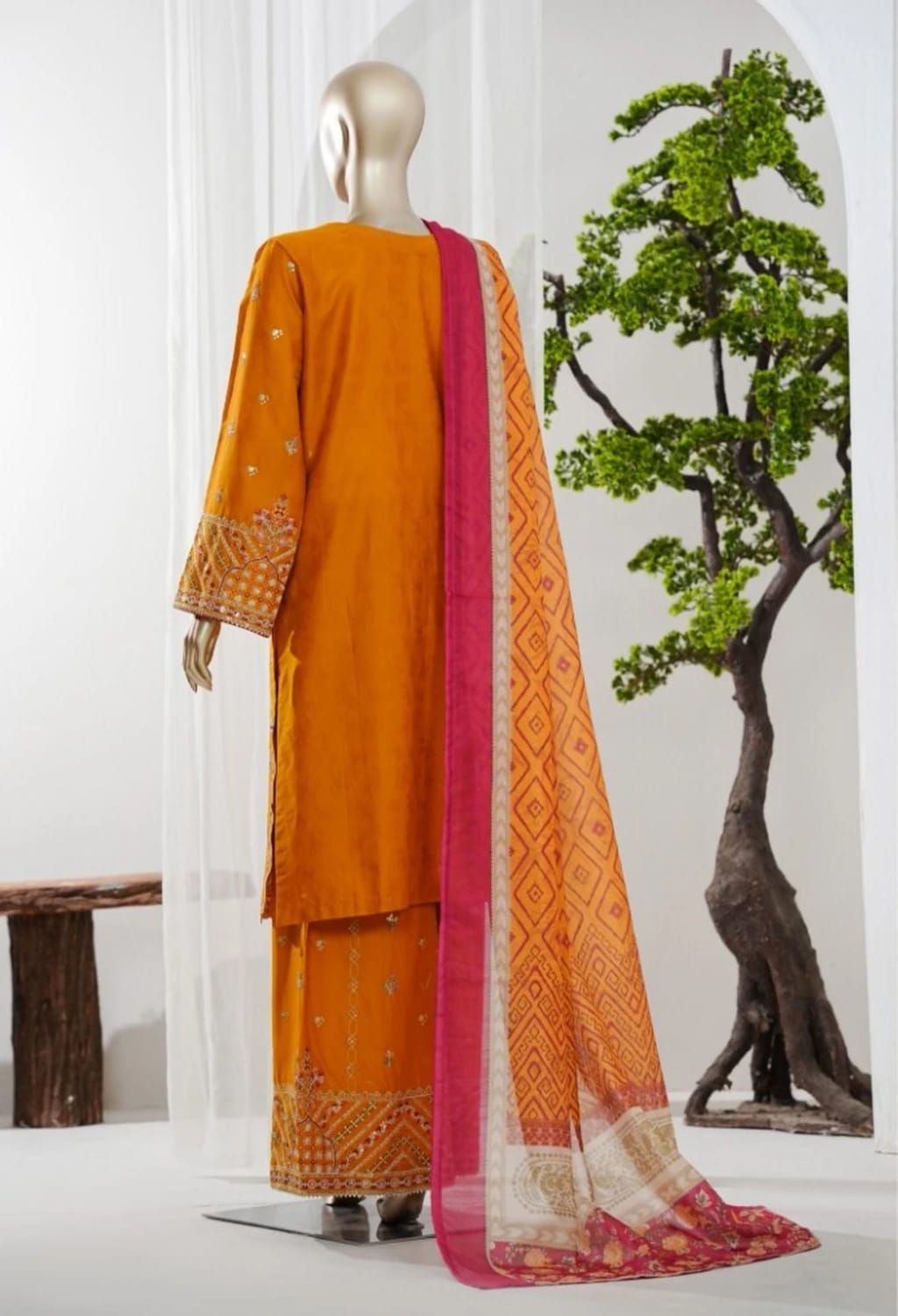 Binsaeed Jacquard Orange 3pc Embroidered D3
