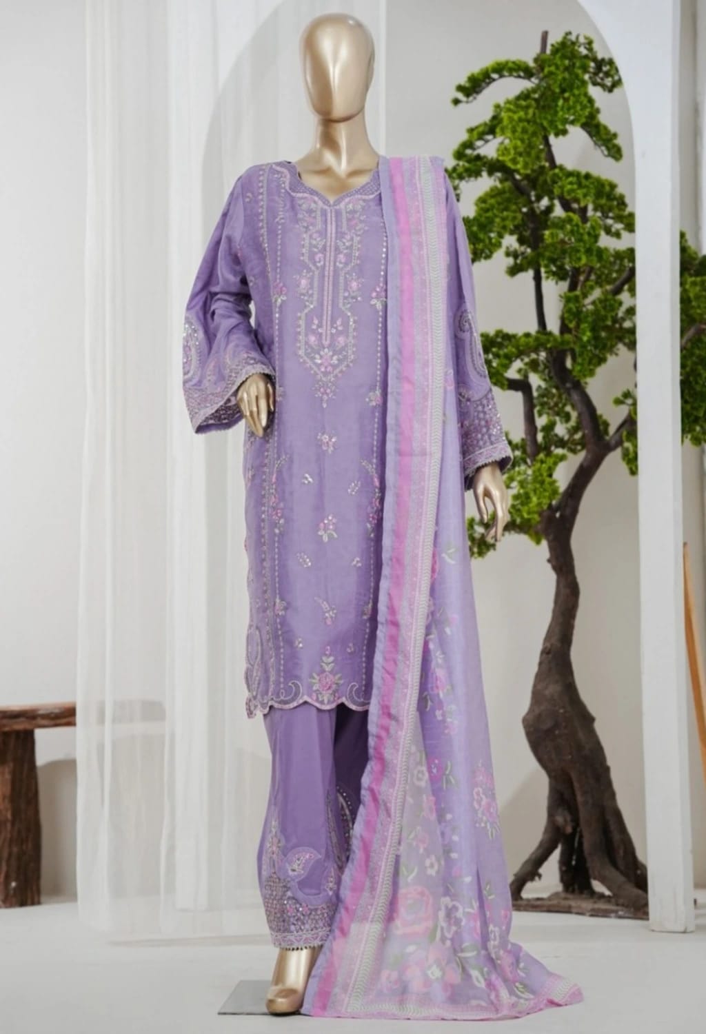 Binsaeed Jacquard Purple 3pc Embroidered D4
