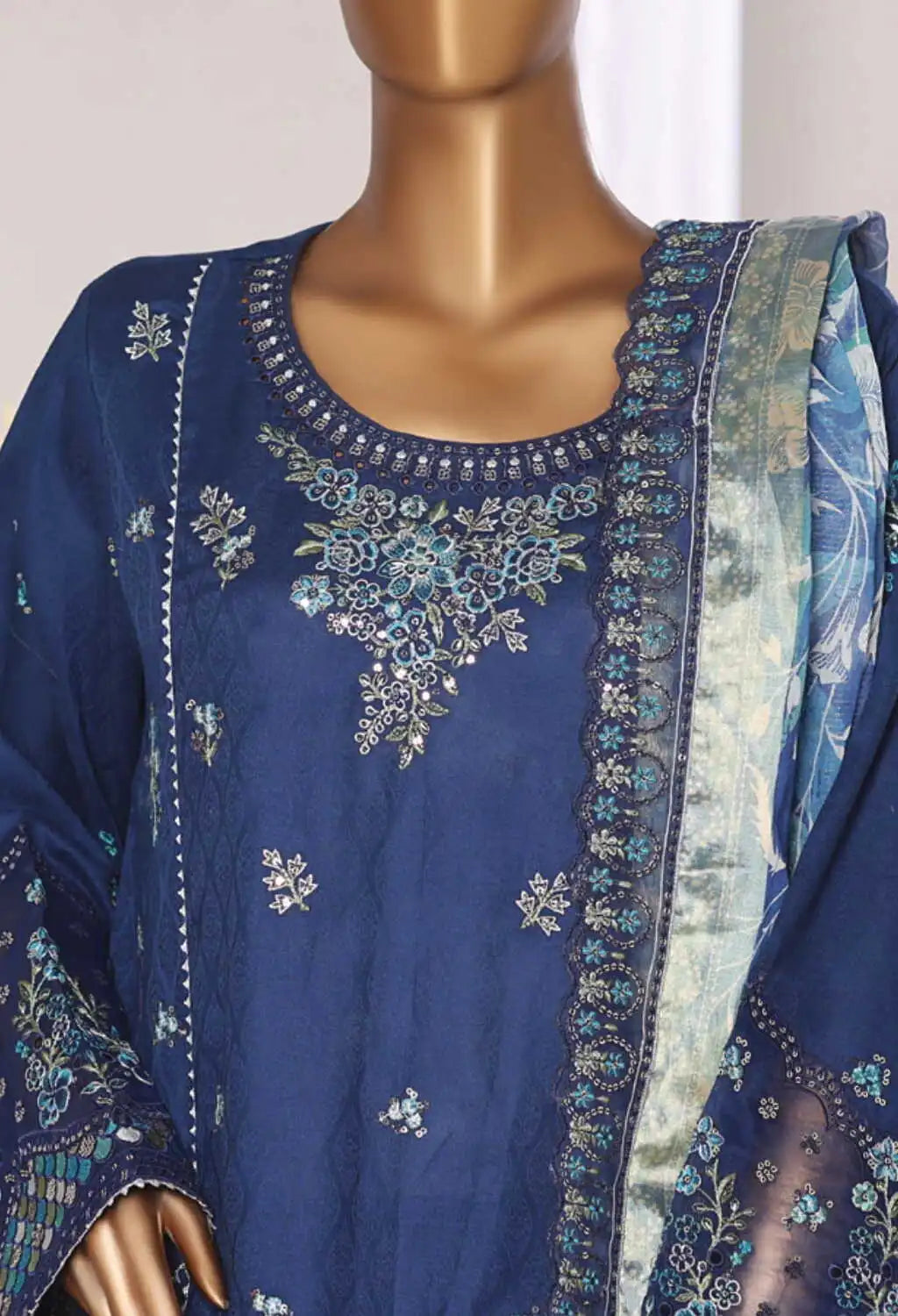 Binsaeed Stitched Blue Embroidered Jacquard 3pc (Jaq001)