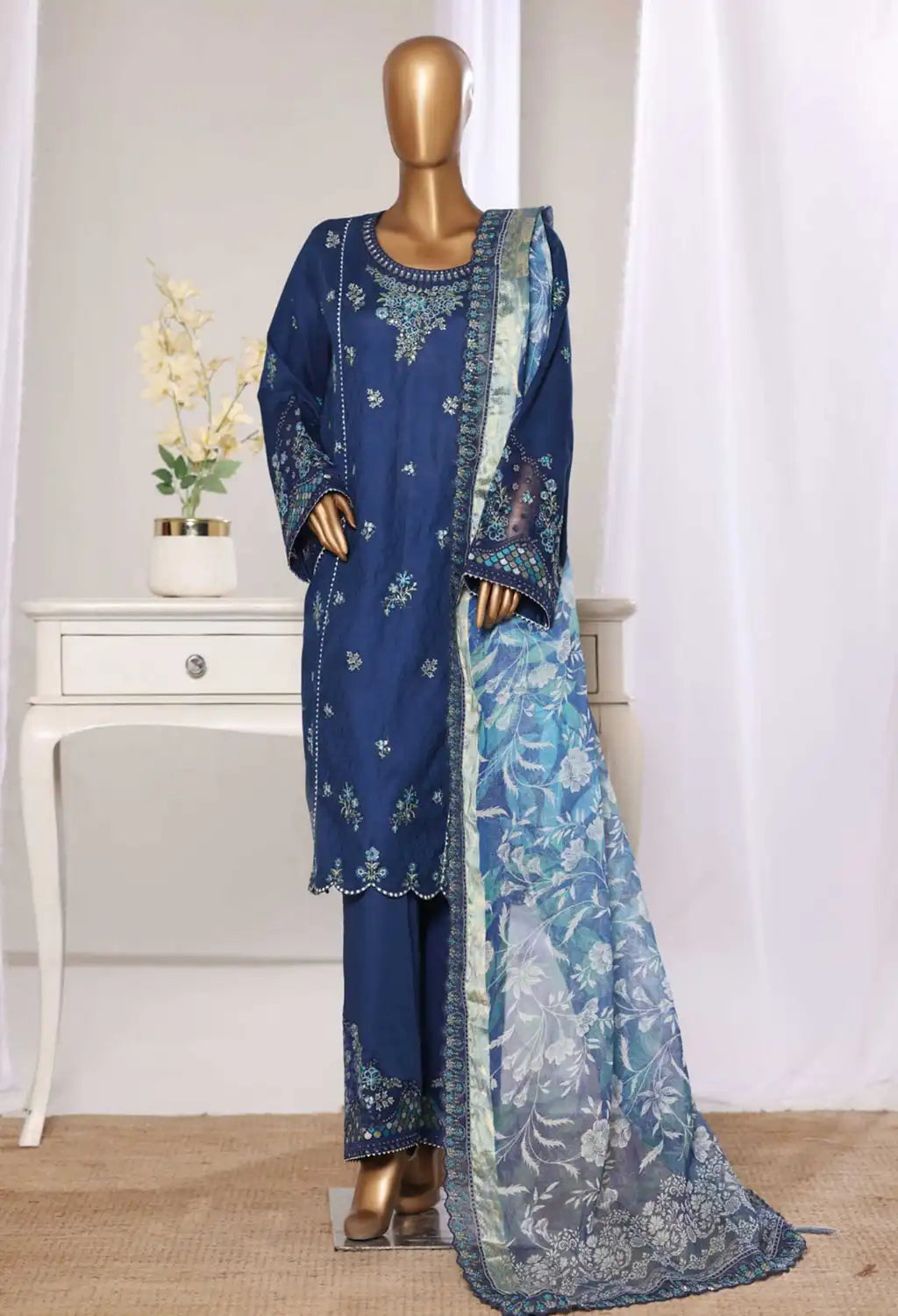 Binsaeed Stitched Blue Embroidered Jacquard 3pc (Jaq001)