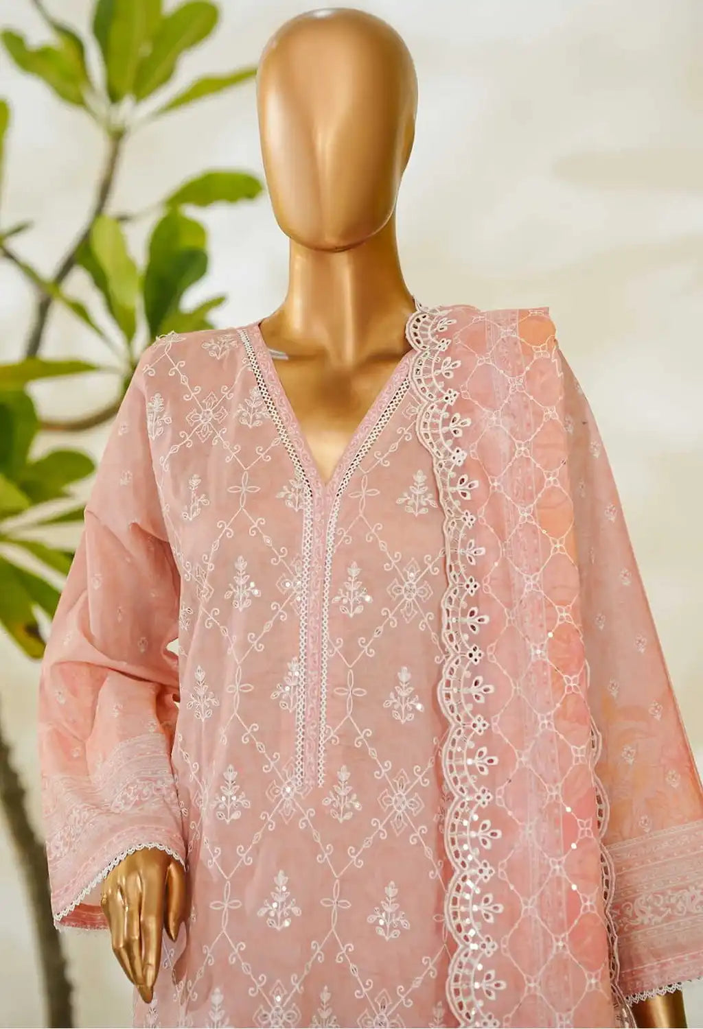 Binsaeed Stitched Peach Lawn Embroidered 3pc (NSM 0227-AED)