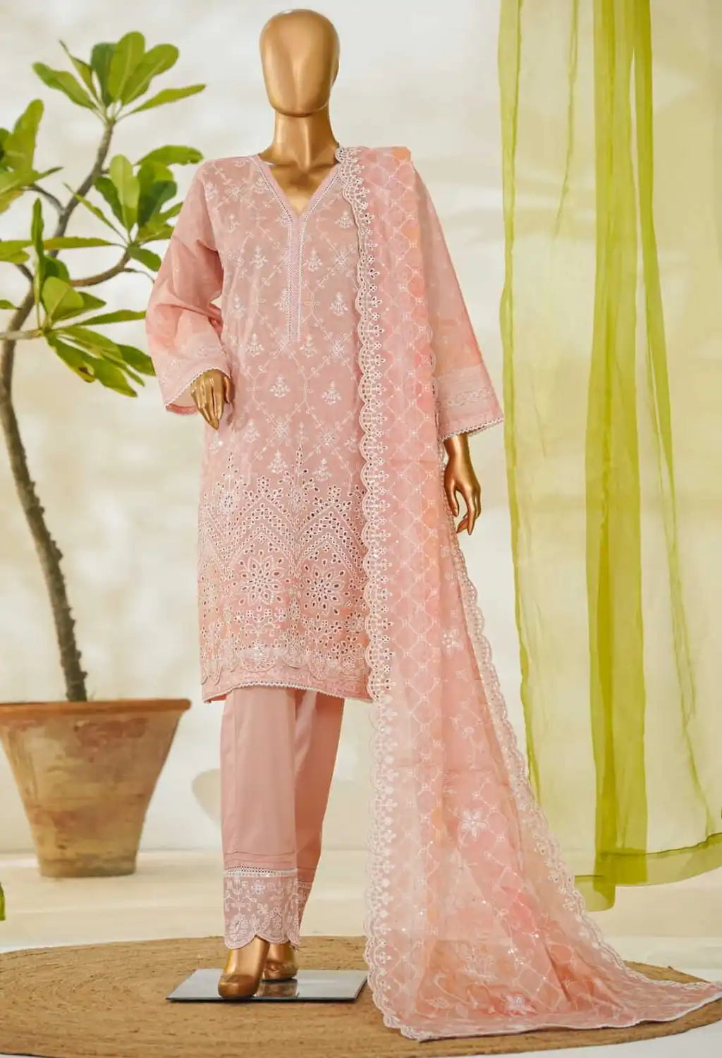 Binsaeed Stitched Peach Lawn Embroidered 3pc (NSM 0227-AED)