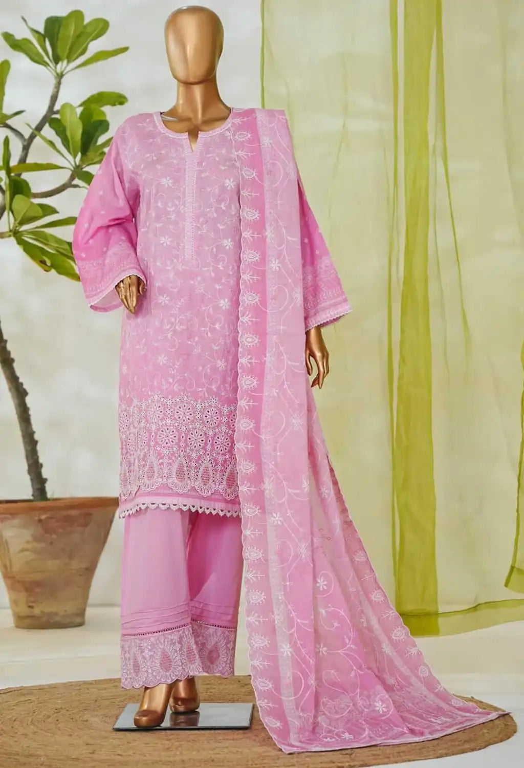 Binsaeed Stitched Pink Embroidered Lawn 3pc (NSM 0225-AED)