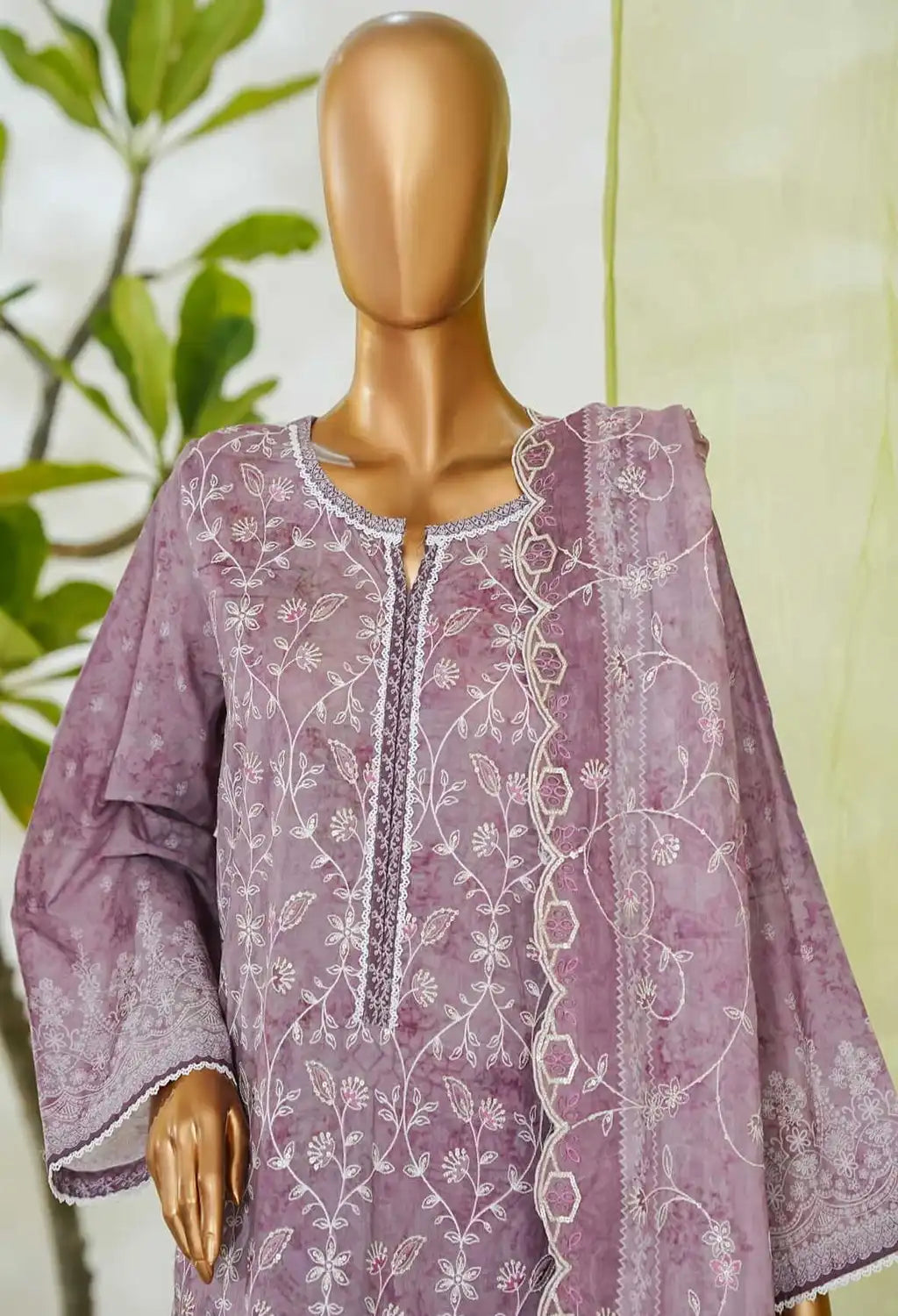 NSM 0232-Binsaeed Stitched Green Embroidered Lawn 3pc B)(