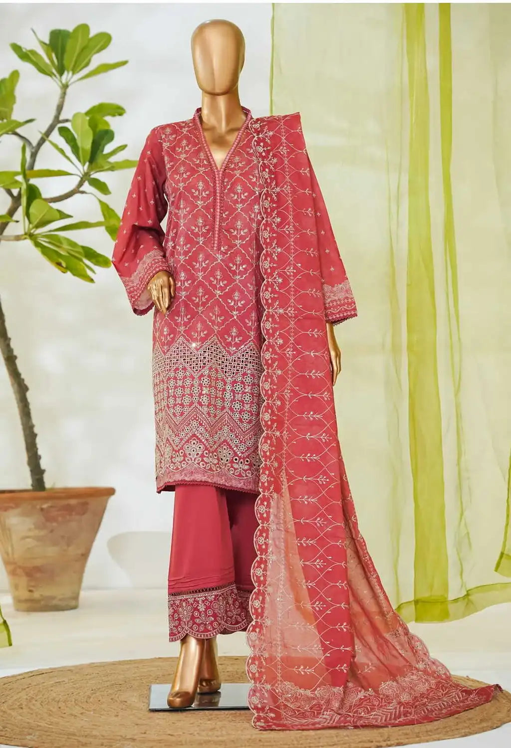 Binsaeed Stitched Pink Embroidered Lawn 3pc  (NSM 0230-AED)