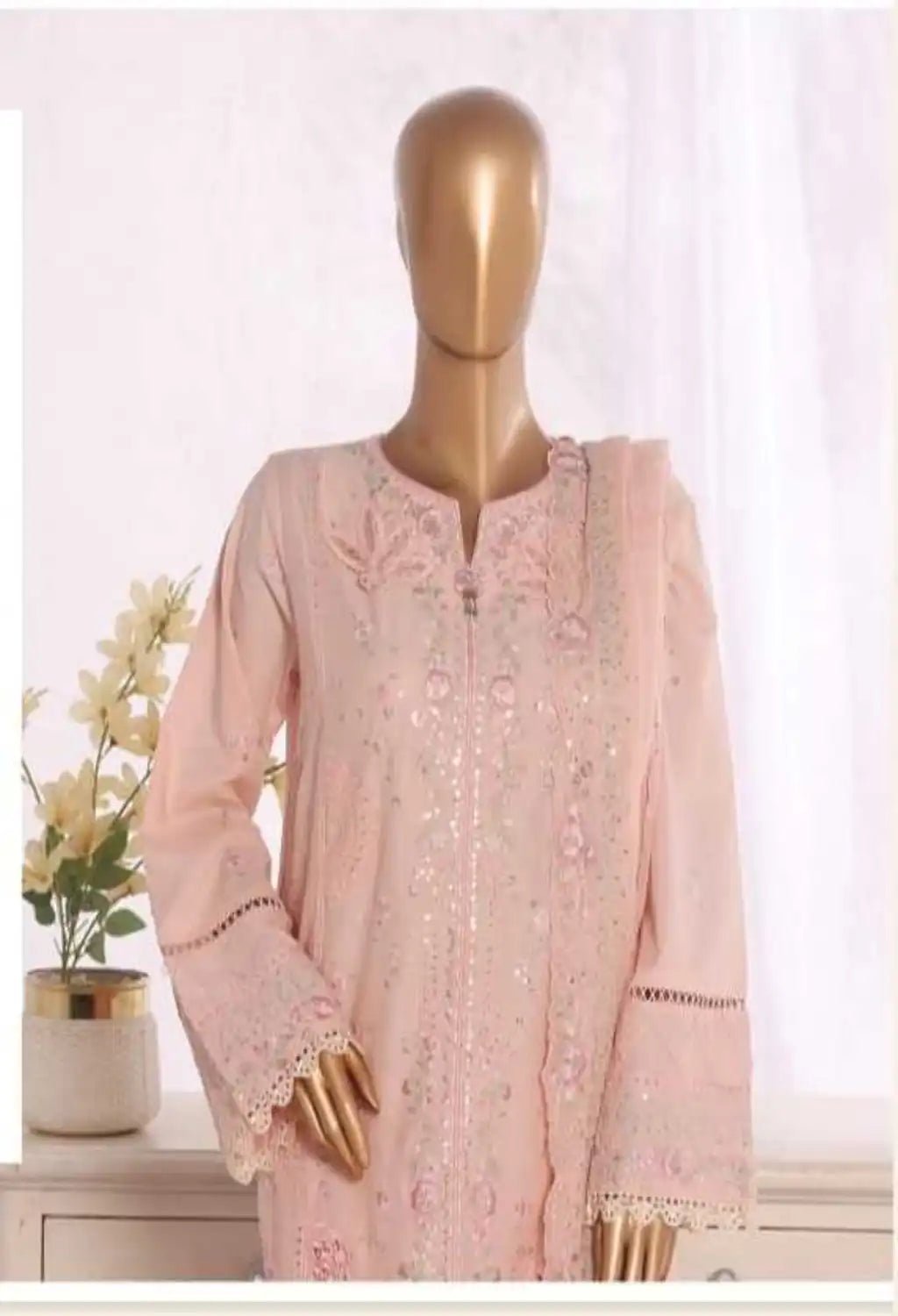 Binsaeed Stitched Embroidered Cotton Peach 3pc (D014-Z)