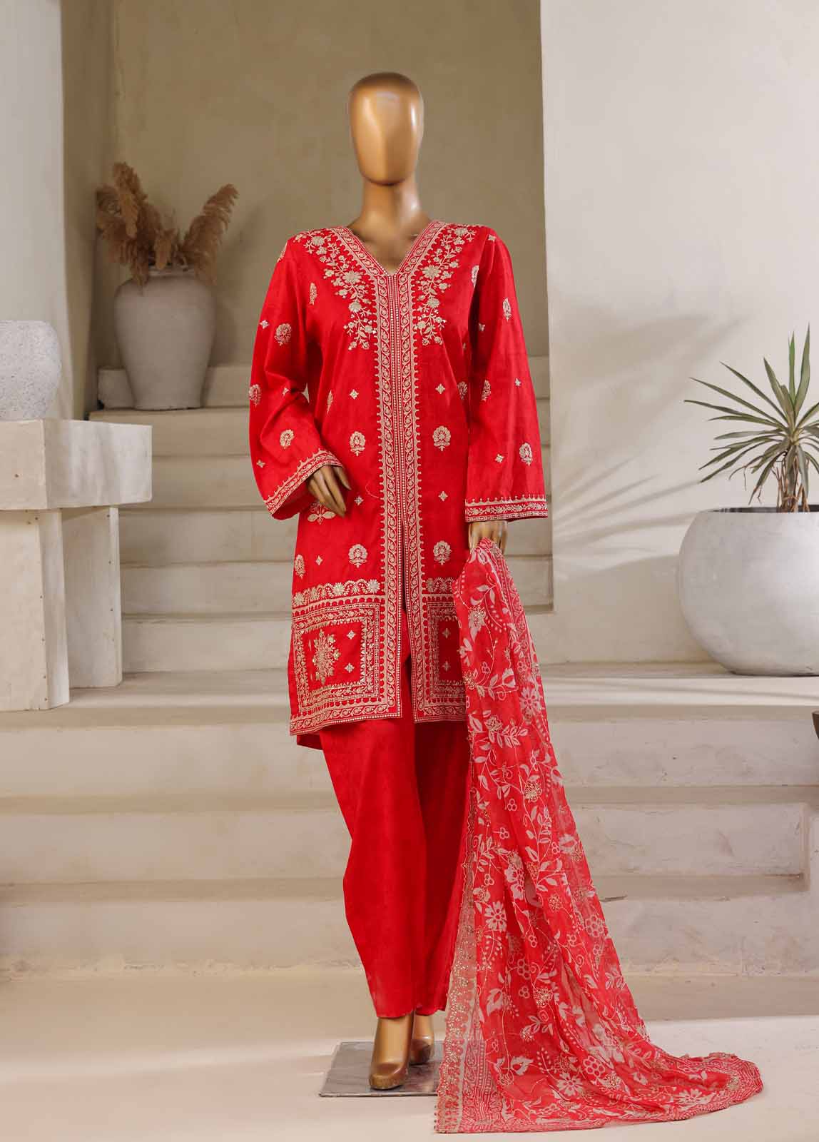 Scarlet Red Lawn Self Embroidered 3 Piece (25LSEDSM039)