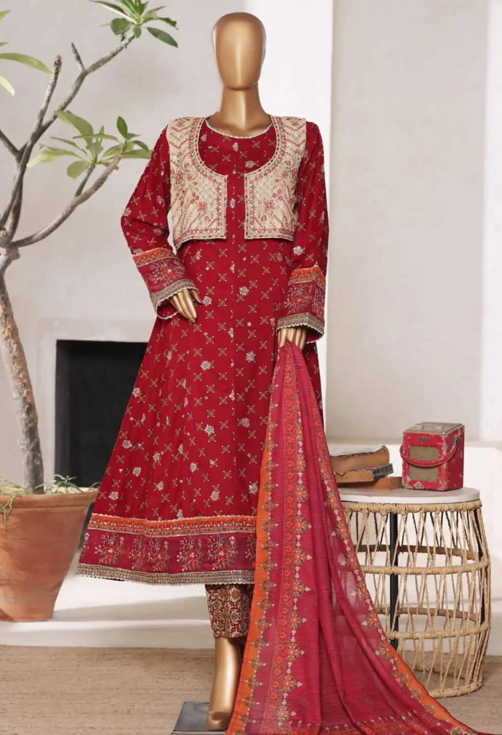 Binsaeed Stitched Yellow Embroidered Lawn Frock 3pc (SM036)