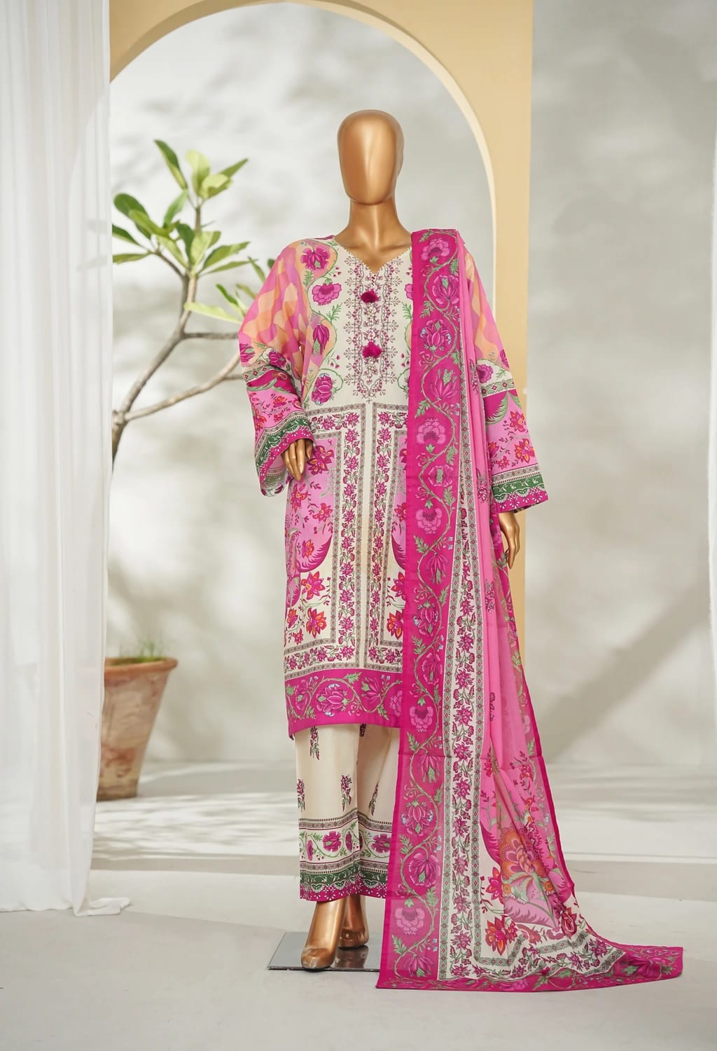 Binsaeed Stitched Pink Printed Lawn 3pc (LSM017)