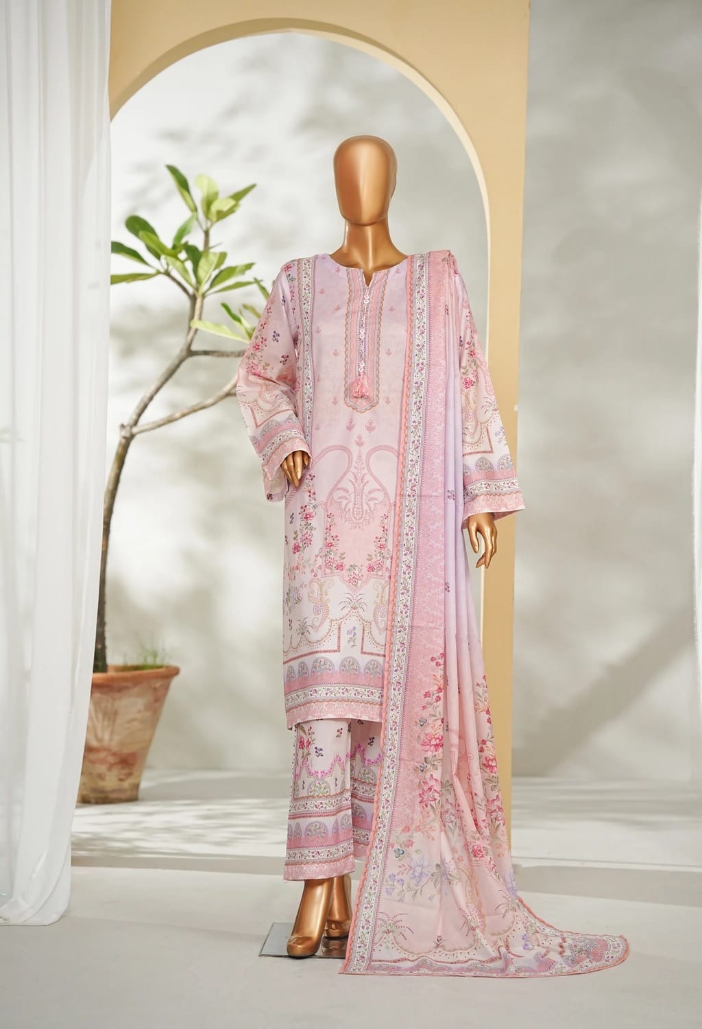Binsaed Stitched Pink Printed 3pc (LSM016)
