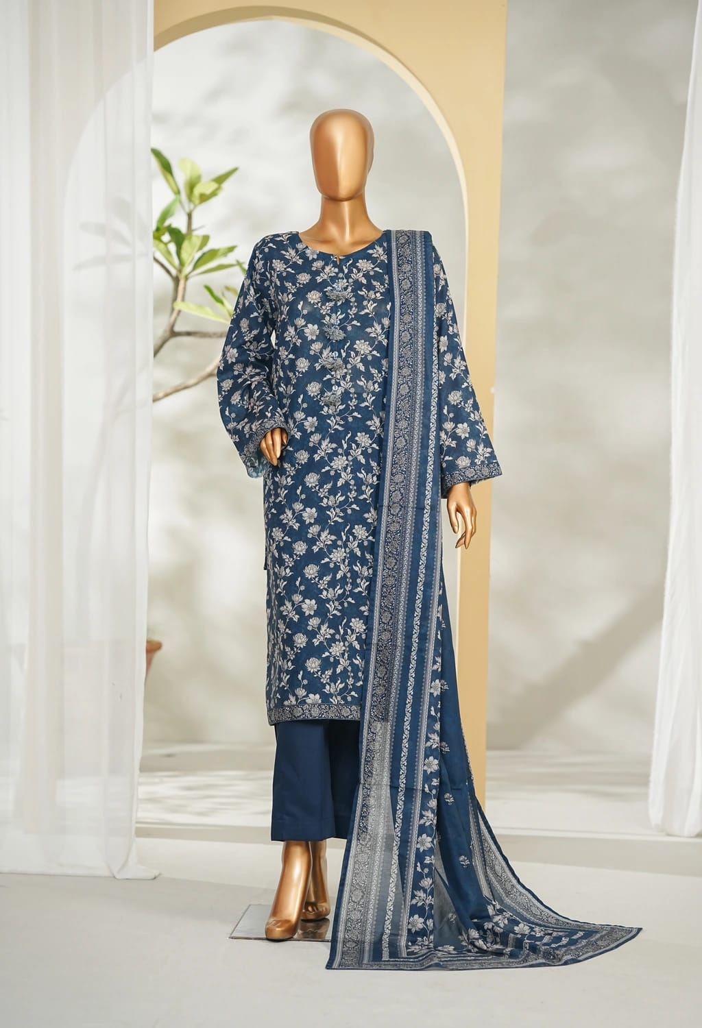 Binsaeed Stitched Blue Printed Lawn 3pc (LSM029)