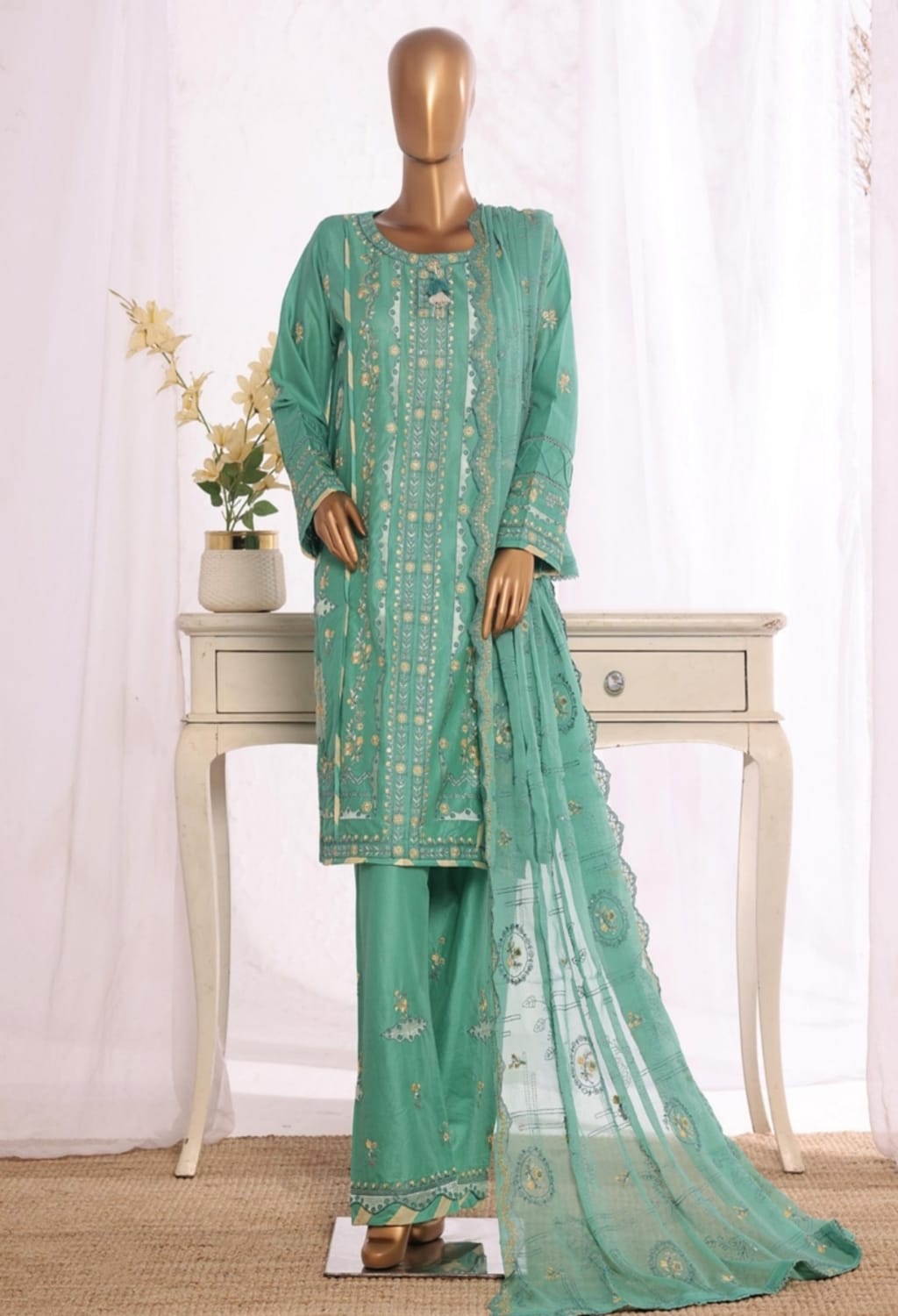 Binsaeed Stitched Embroidered Cotton Green 3pc (D039-A)