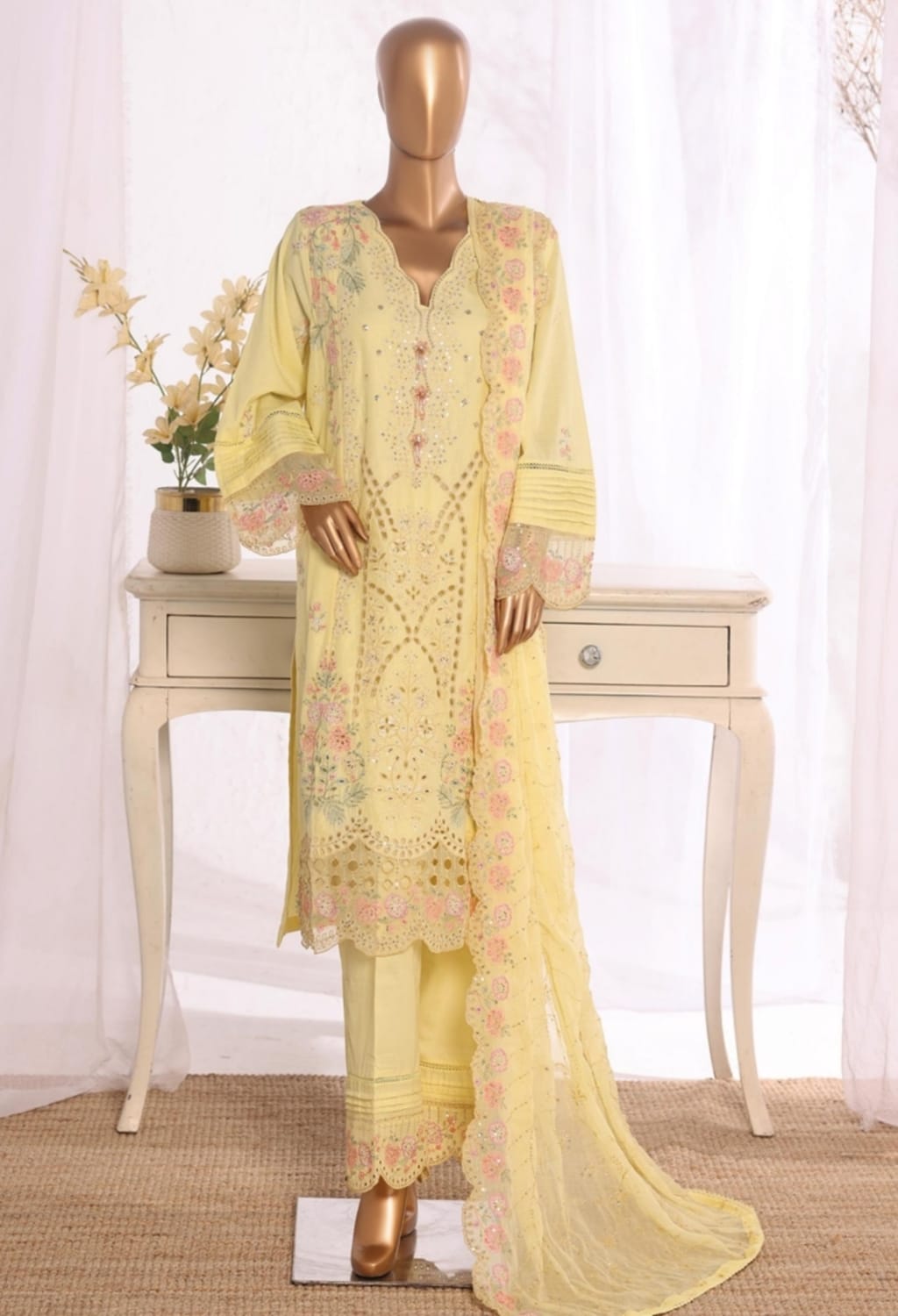 Binsaeed Stitched Embroidered Cotton Yellow 3pc  (D031-A)