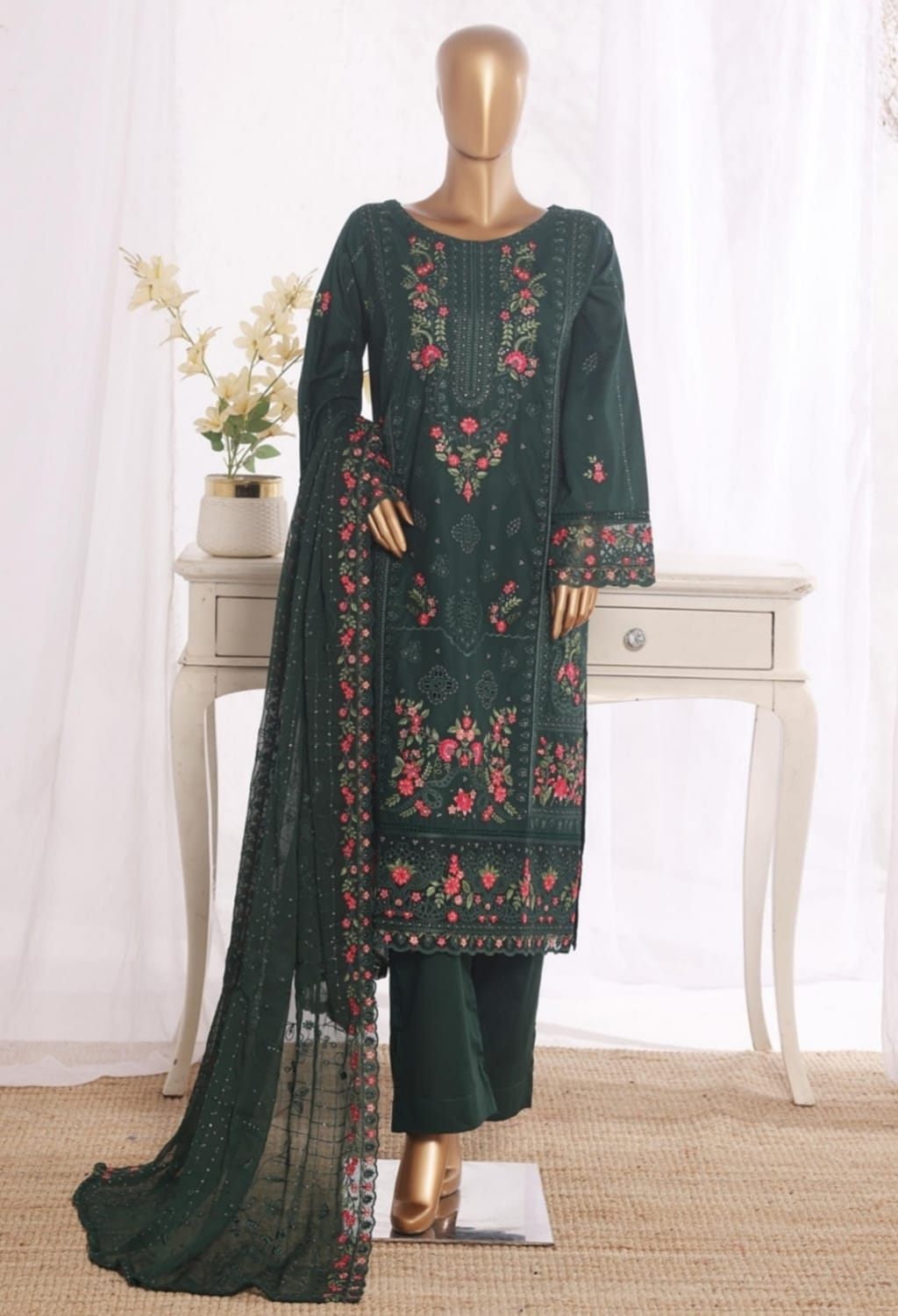 Binsaeed Stitched Embroidered Cotton Blue 3pc (D034-O)