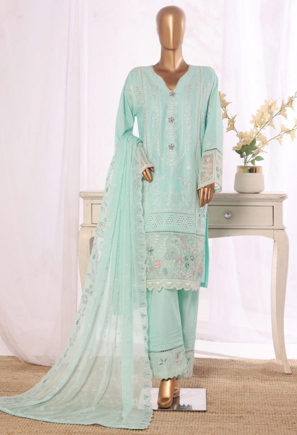 Binsaeed Stitched Embroidered Cotton Green 3pc (D019-B) FEROZI