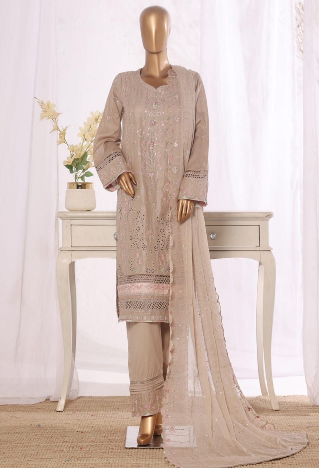 Binsaeed Stitched Embroidered Cotton Beige 3pc (D026-Z)