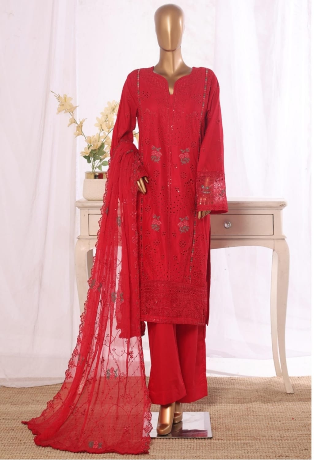 Binsaeed Stitched Embroidered Cotton Red 3pc (D009-B)