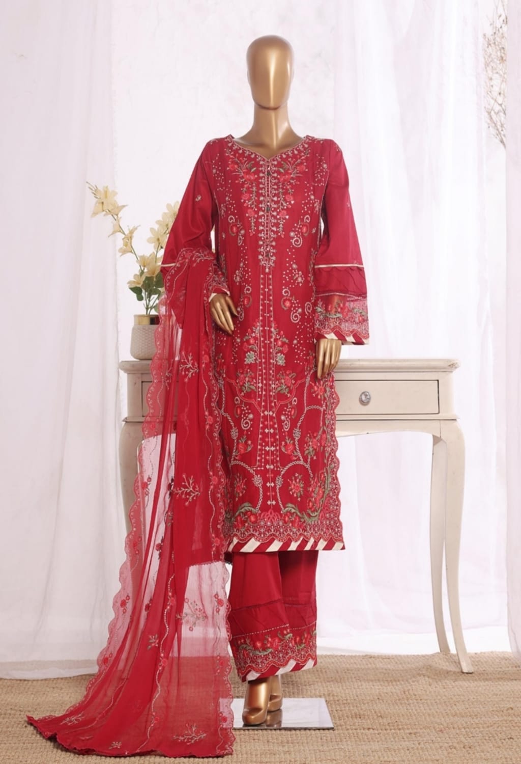 Binsaeed Stitched Embroidered Cotton Red 3pc (D017-A)