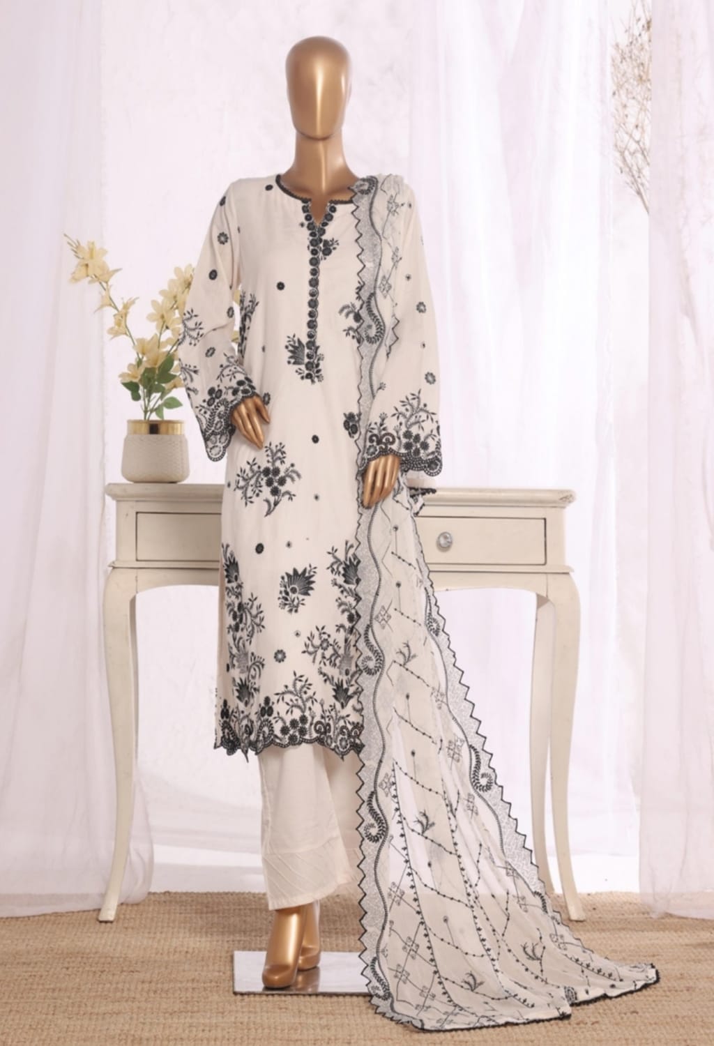 Binsaeed Stitched Embroidered Cotton White 3pc (D033-B)