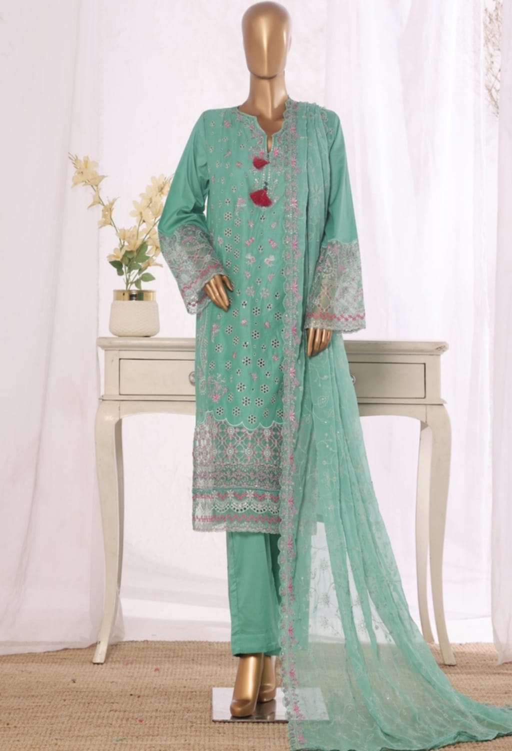 Binsaeed Stitched Embroidered Cotton Green 3pc (D039-B)