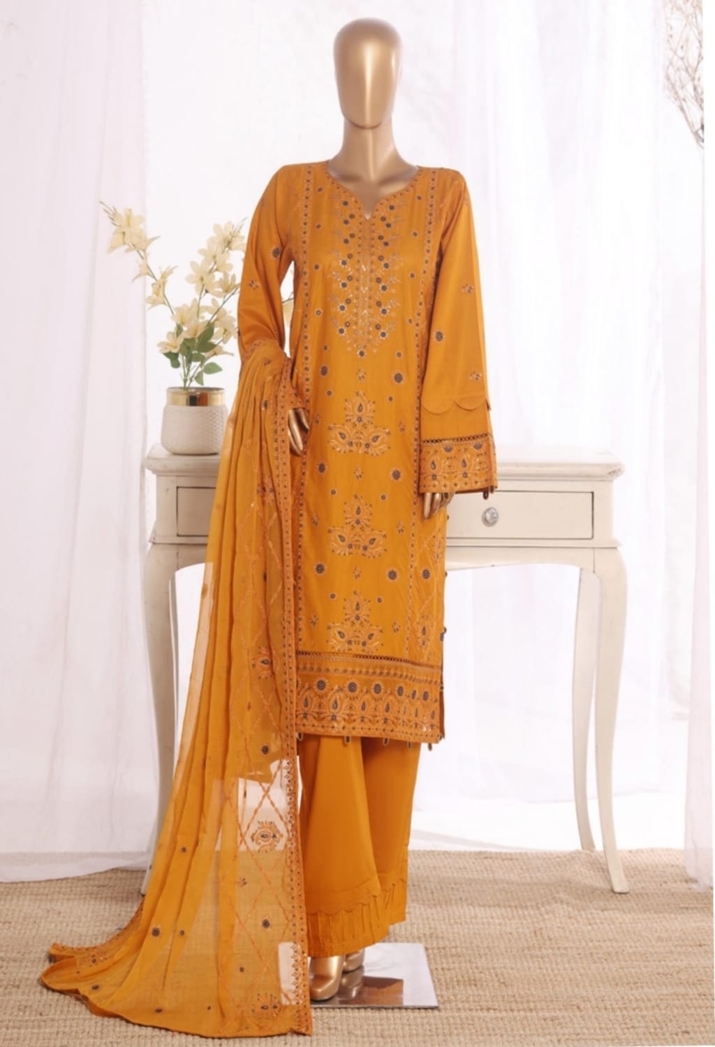 Binsaeed Stitched Embroidered Cotton Bronze 3pc (D038-R)