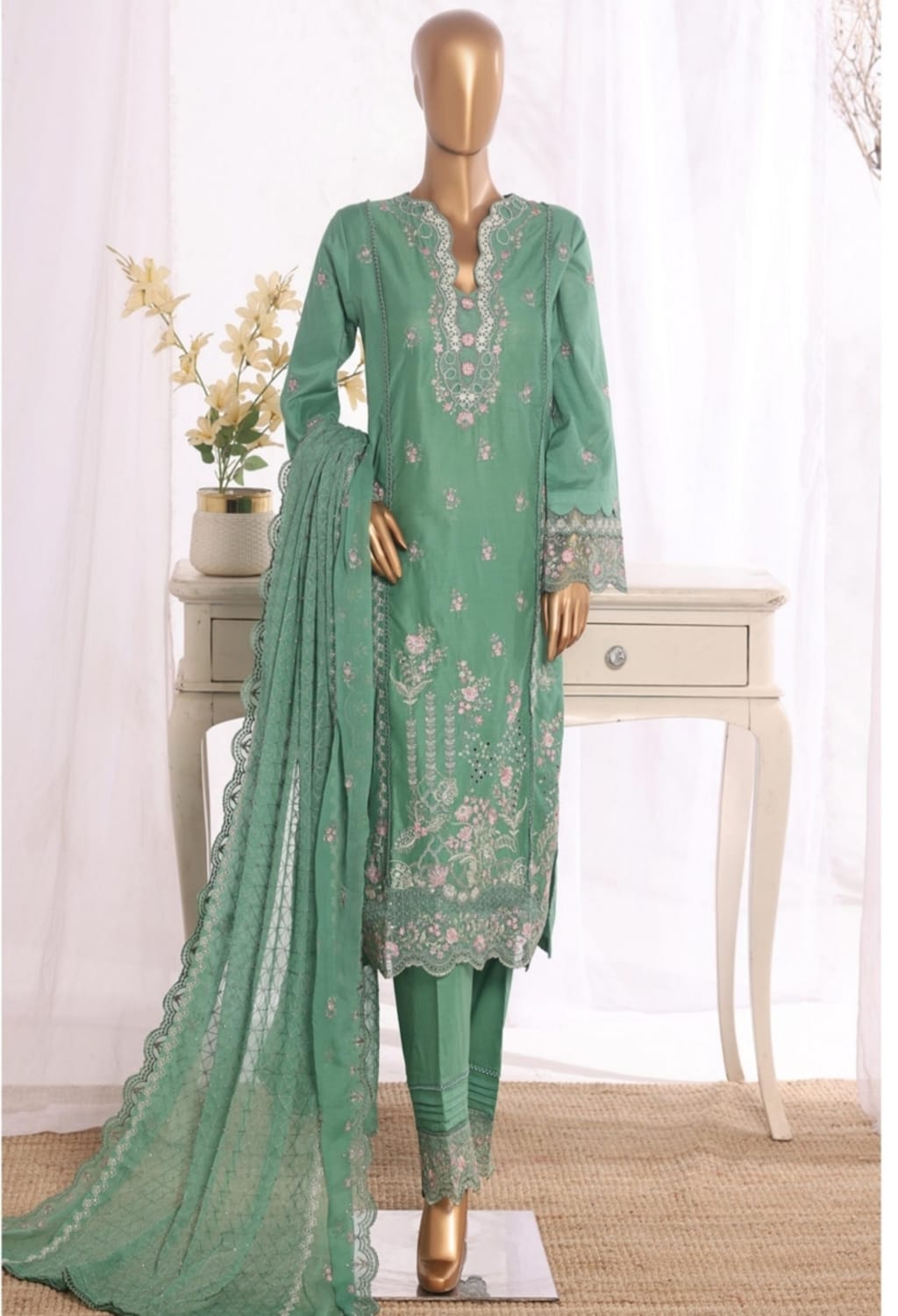 Binsaeed Stitched Embroidered Cotton Green 3pc (D018-A)